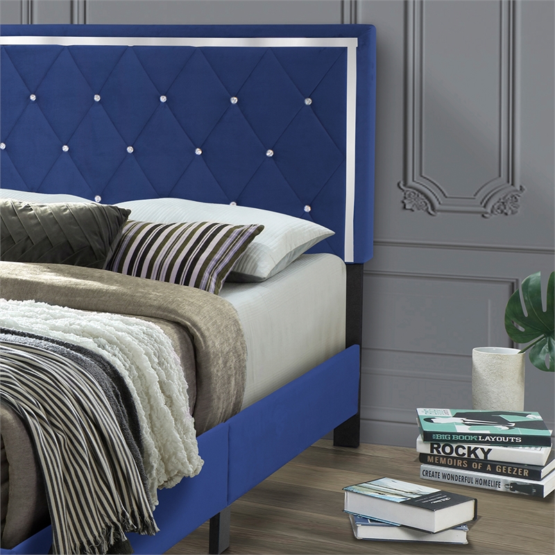 Better Home Products Monica Velvet Upholstered King Platform Bed in Blue