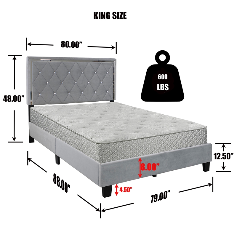 Better Home Products Monica Velvet Upholstered King Platform Bed in Gray