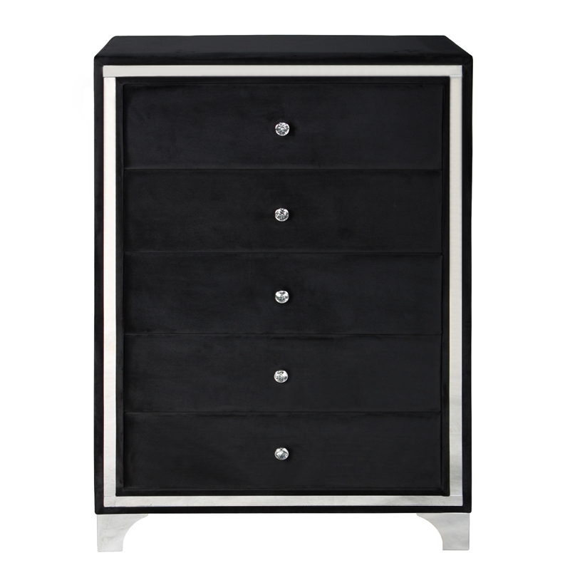 Better Home Products Monica Velvet Upholstered 5 Drawer Chest Dresser in Black