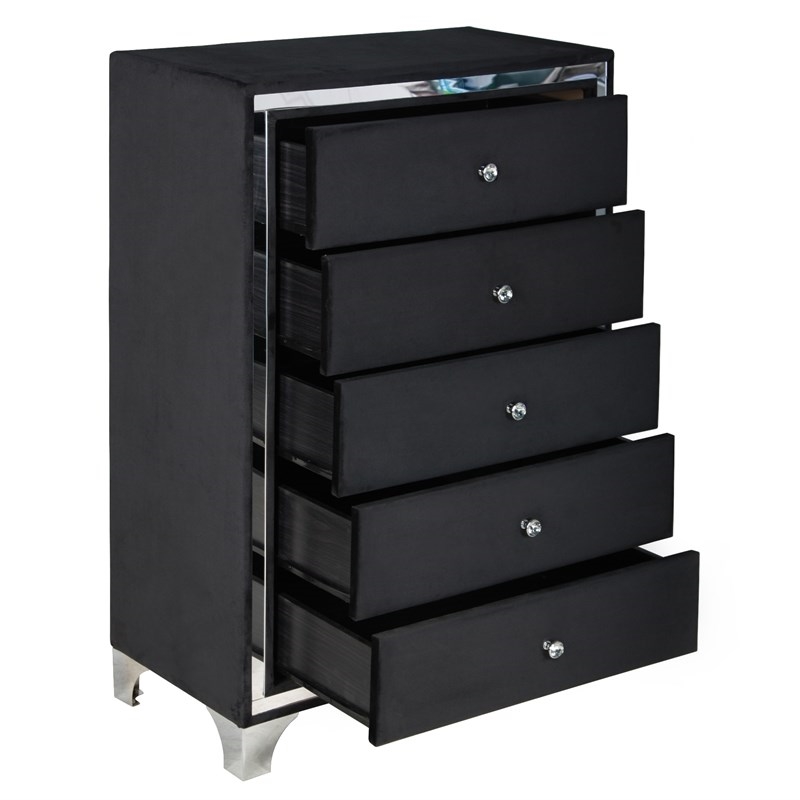 Better Home Products Monica Velvet Upholstered 5 Drawer Chest Dresser in Black