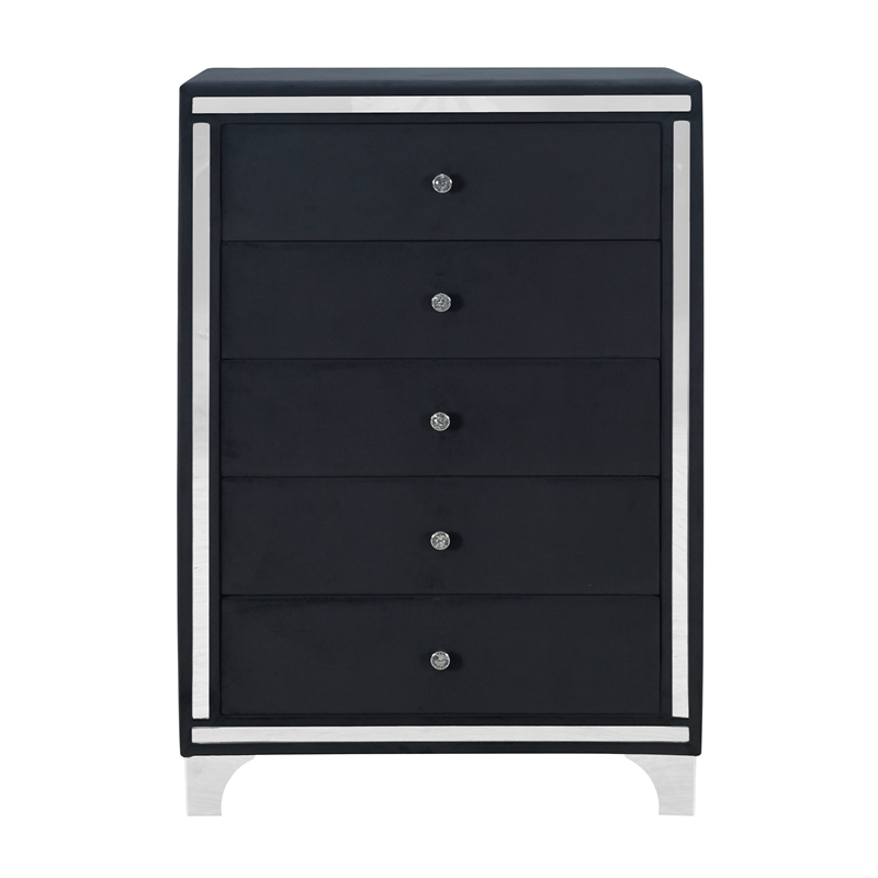 Better Home Products Monica Velvet Upholstered 5 Drawer Chest Dresser in Black