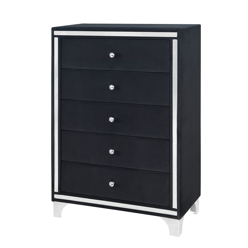 Better Home Products Monica Velvet Upholstered 5 Drawer Chest Dresser in Black