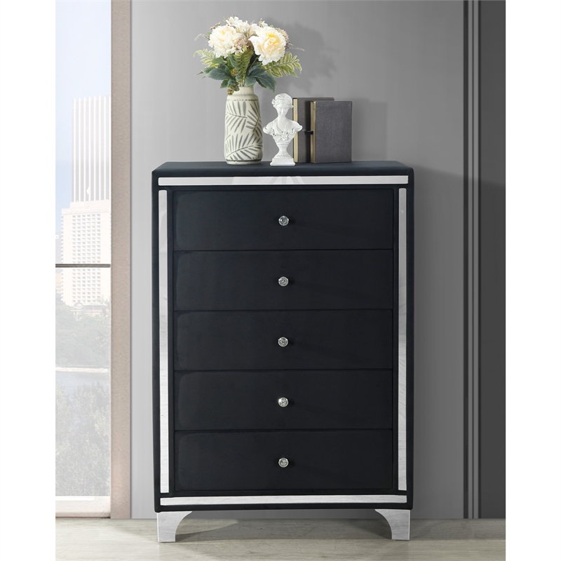 Better Home Products Monica Velvet Upholstered 5 Drawer Chest Dresser in Black