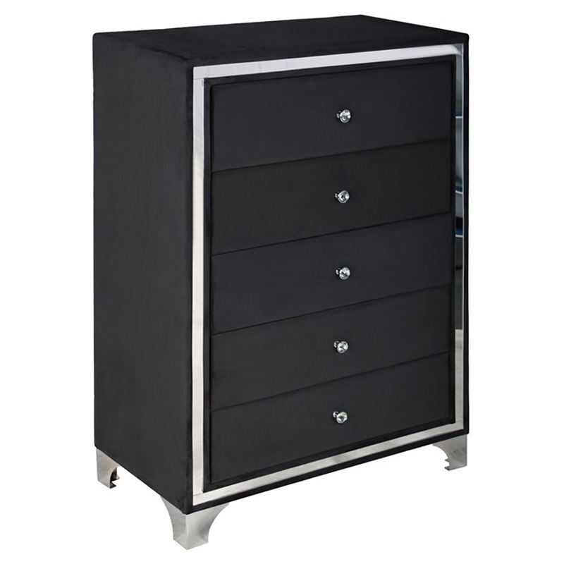 Better Home Products Monica Velvet Upholstered 5 Drawer Chest Dresser in Black