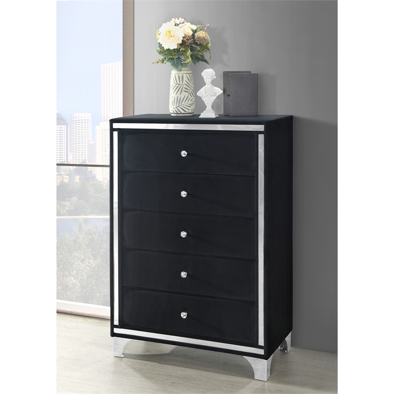 Better Home Products Monica Velvet Upholstered 5 Drawer Chest Dresser in Black