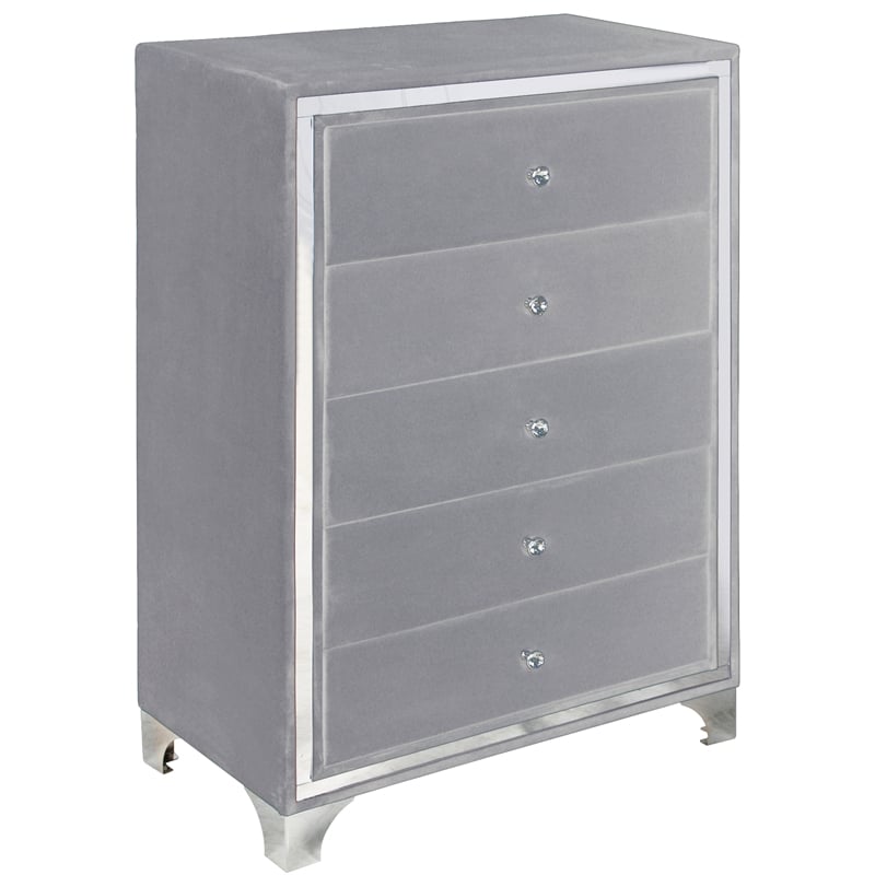 Better Home Products Monica Velvet Upholstered 5 Drawer Chest Dresser in Gray