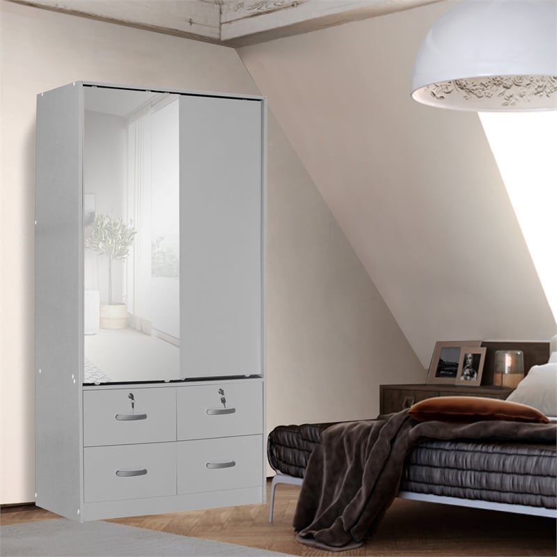 Better Home Products Sarah Double Sliding Door Armoire with Mirror in Light Gray
