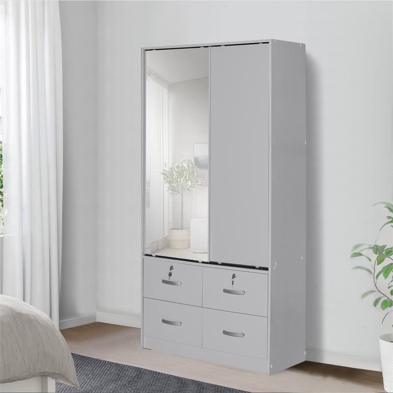Better Home Products Sarah Double Sliding Door Armoire with Mirror in Light Gray