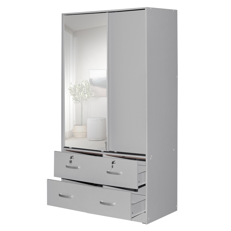 Better Home Products Sarah Double Sliding Door Armoire with Mirror in Light Gray