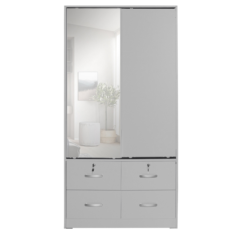 Better Home Products Sarah Double Sliding Door Armoire with Mirror in Light Gray