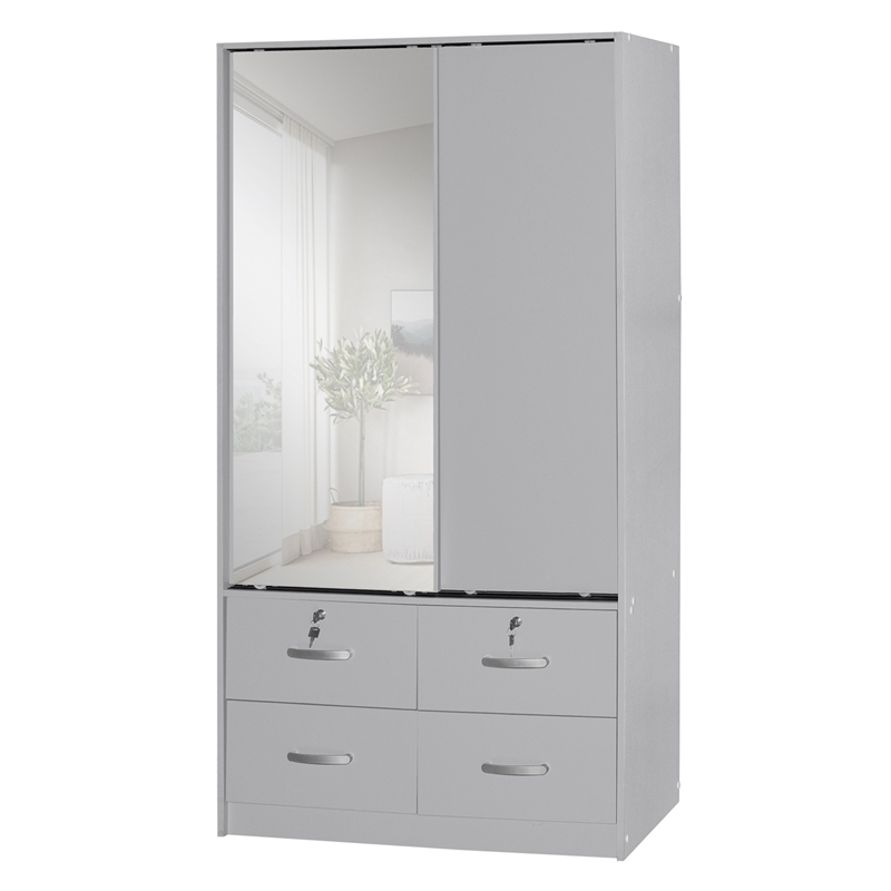 Better Home Products Sarah Double Sliding Door Armoire with Mirror in Light Gray
