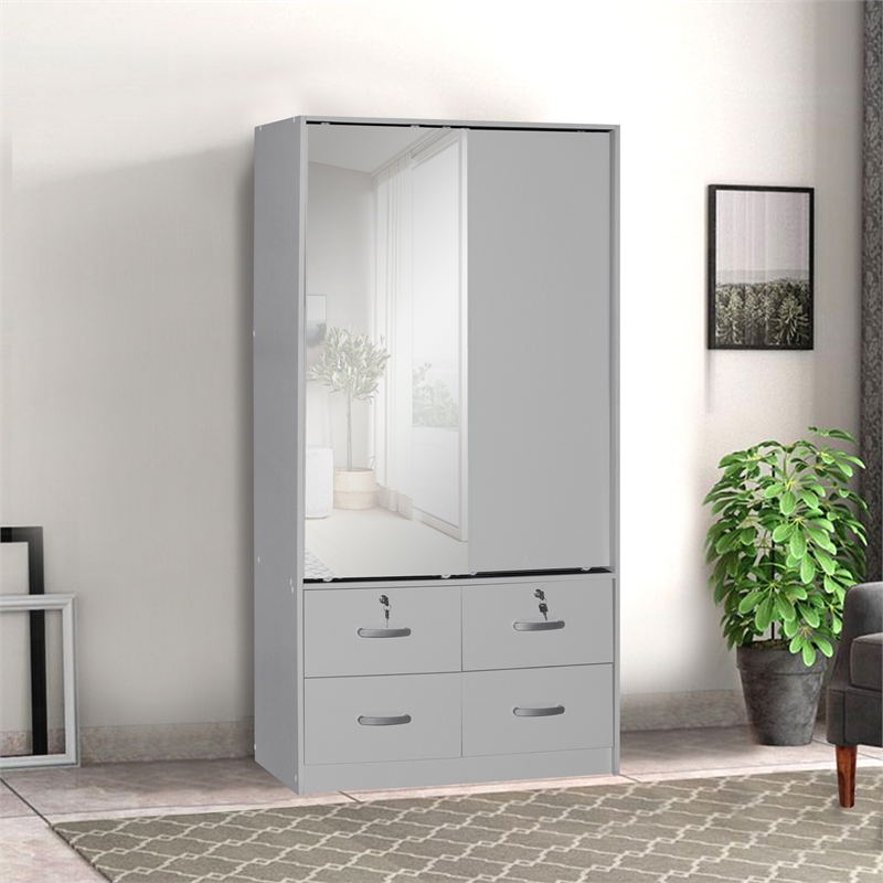 Better Home Products Sarah Double Sliding Door Armoire with Mirror in Light Gray