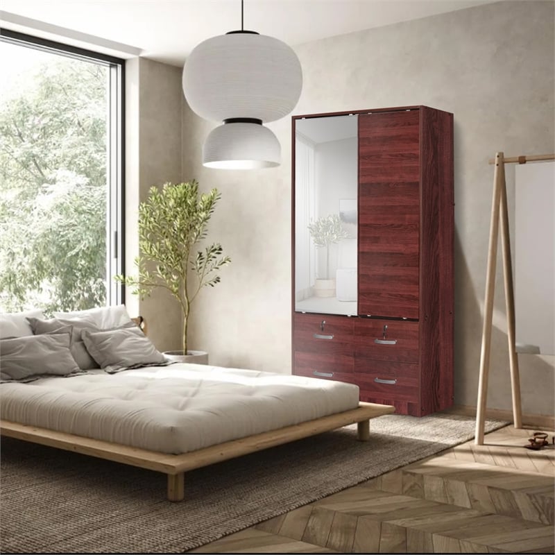 Better Home Products Sarah Double Sliding Door Armoire with Mirror in Mahogany