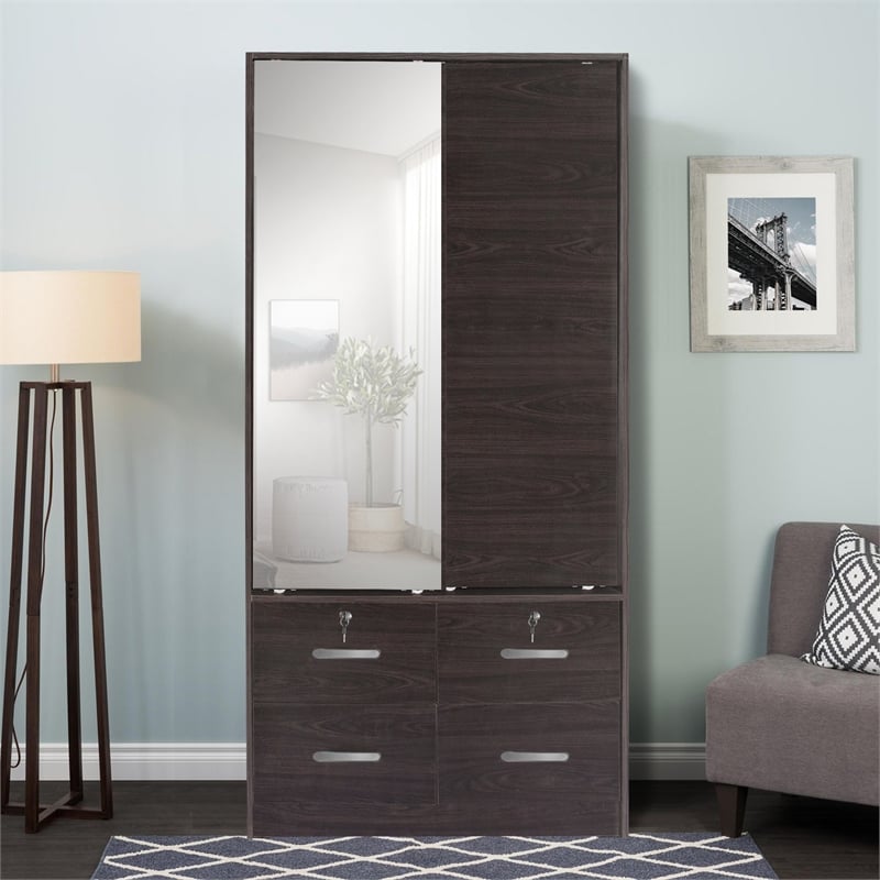 Better Home Products Sarah Double Sliding Door Armoire with Mirror in Tobacco