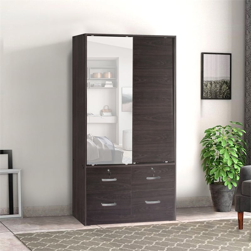 Better Home Products Sarah Double Sliding Door Armoire with Mirror in Tobacco