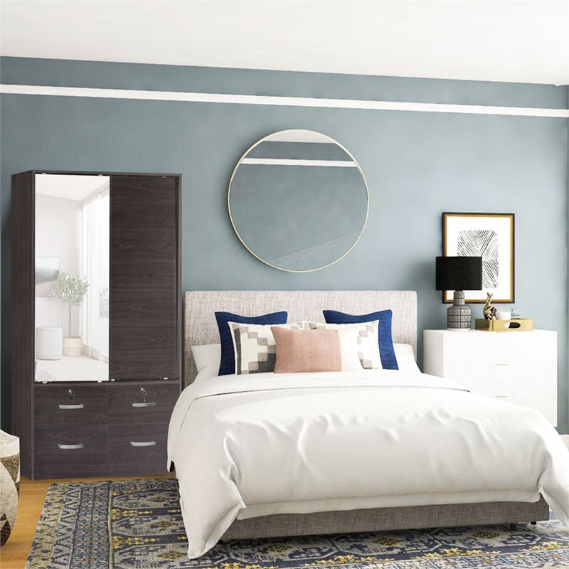 Better Home Products Sarah Double Sliding Door Armoire with Mirror in Tobacco