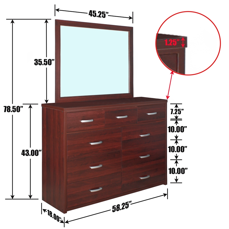 Better Home Products Majestic Super Jumbo 9-Drawer Double Dresser in Mahogany