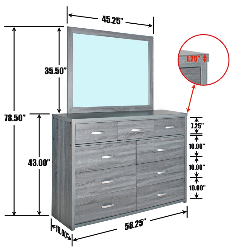 Better Home Products Majestic Super Jumbo 9-Drawer Double Dresser in Gray
