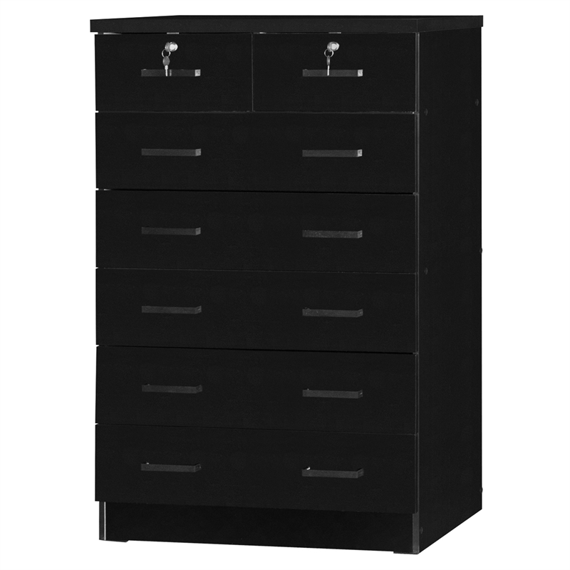 Better Home Products Cindy 7 Drawer Chest Wooden Dresser with Lock in Black