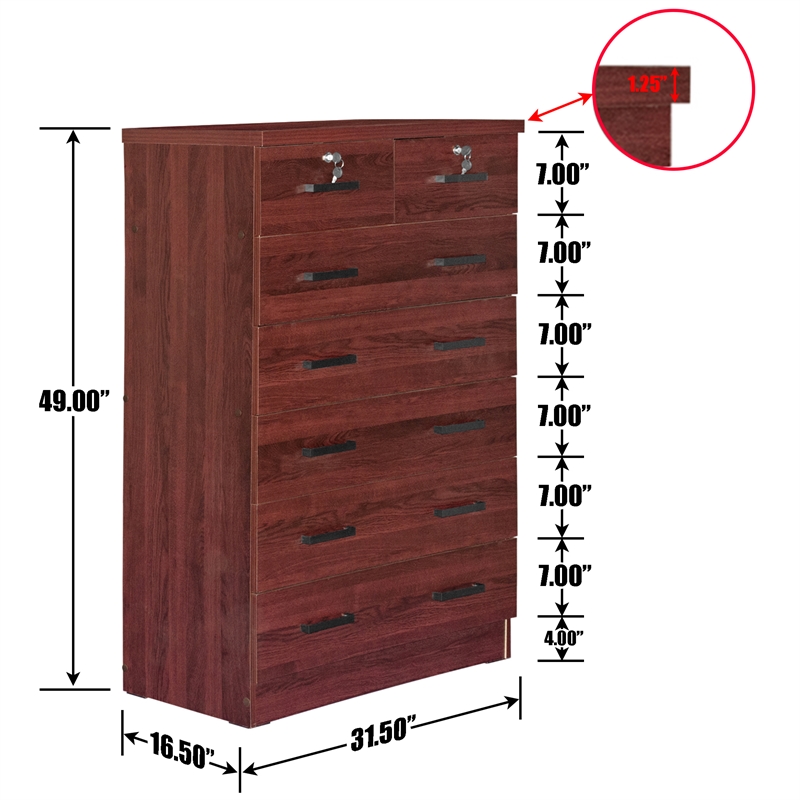 Better Home Products Cindy 7 Drawer Chest Wooden Dresser with Lock in Mahogany