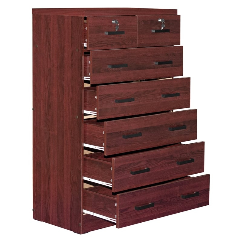 Better Home Products Cindy 7 Drawer Chest Wooden Dresser with Lock in Mahogany