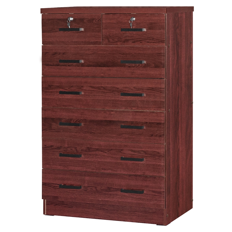 Better Home Products Cindy 7 Drawer Chest Wooden Dresser with Lock in Mahogany