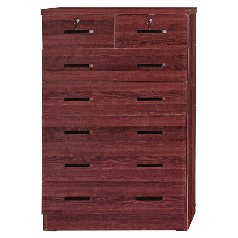 Better Home Products Cindy 7 Drawer Chest Wooden Dresser with Lock in Mahogany