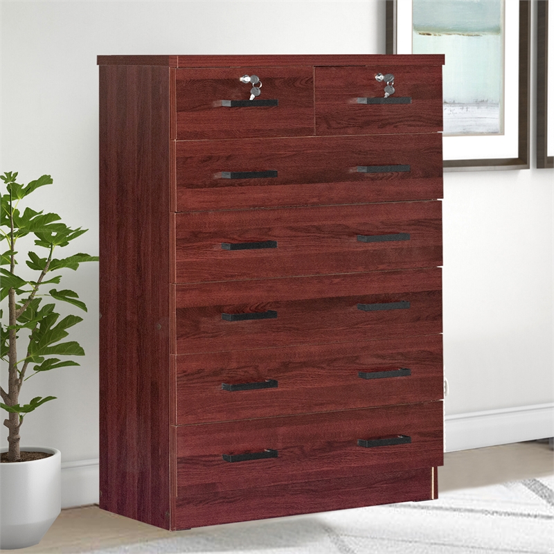 Better Home Products Cindy 7 Drawer Chest Wooden Dresser with Lock in Mahogany