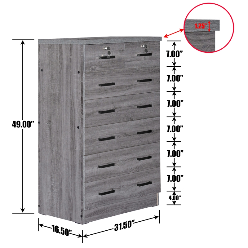 Better Home Products Cindy 7 Drawer Chest Wooden Dresser with Lock in Gray