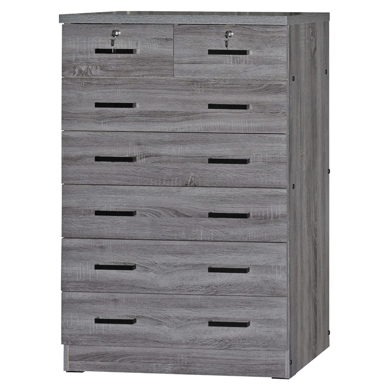 Better Home Products Cindy 7 Drawer Chest Wooden Dresser with Lock in Gray