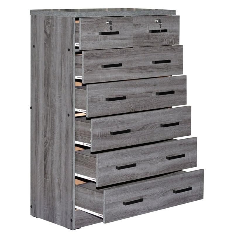 Better Home Products Cindy 7 Drawer Chest Wooden Dresser with Lock in Gray