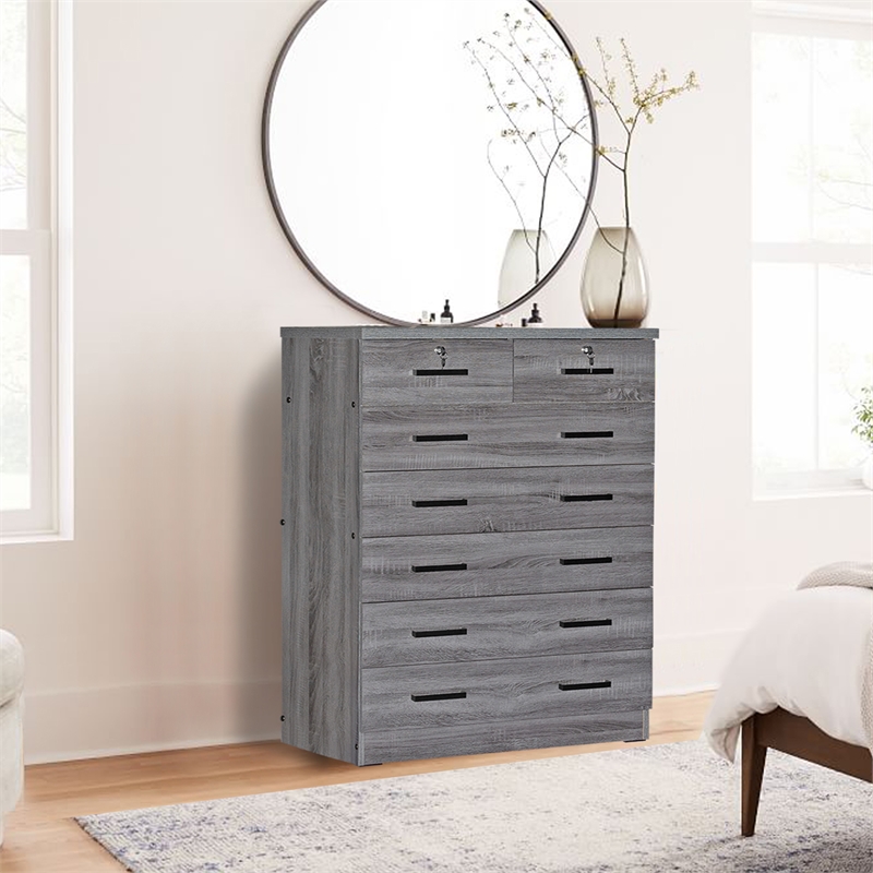 Better Home Products Cindy 7 Drawer Chest Wooden Dresser with Lock in Gray