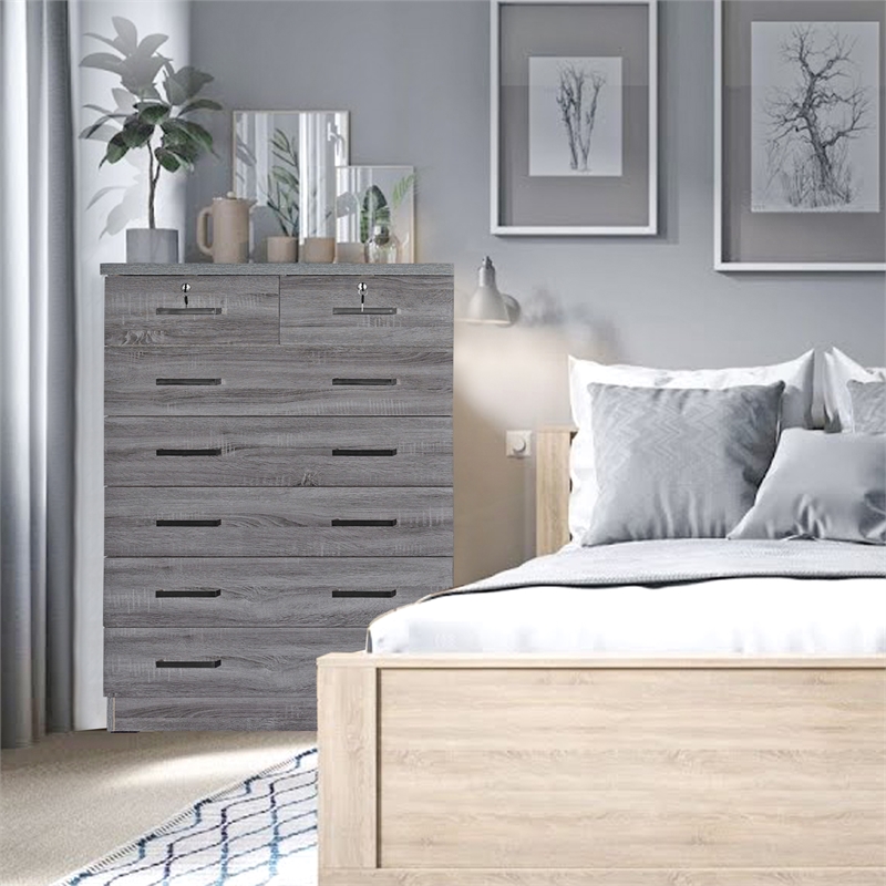 Better Home Products Cindy 7 Drawer Chest Wooden Dresser with Lock in Gray