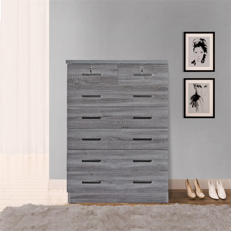 Better Home Products Cindy 7 Drawer Chest Wooden Dresser with Lock in Gray