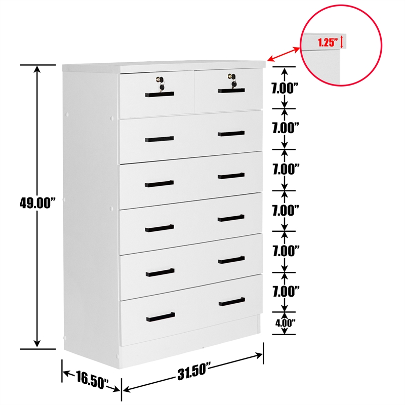 Better Home Products Cindy 7 Drawer Chest Wooden Dresser with Lock in White