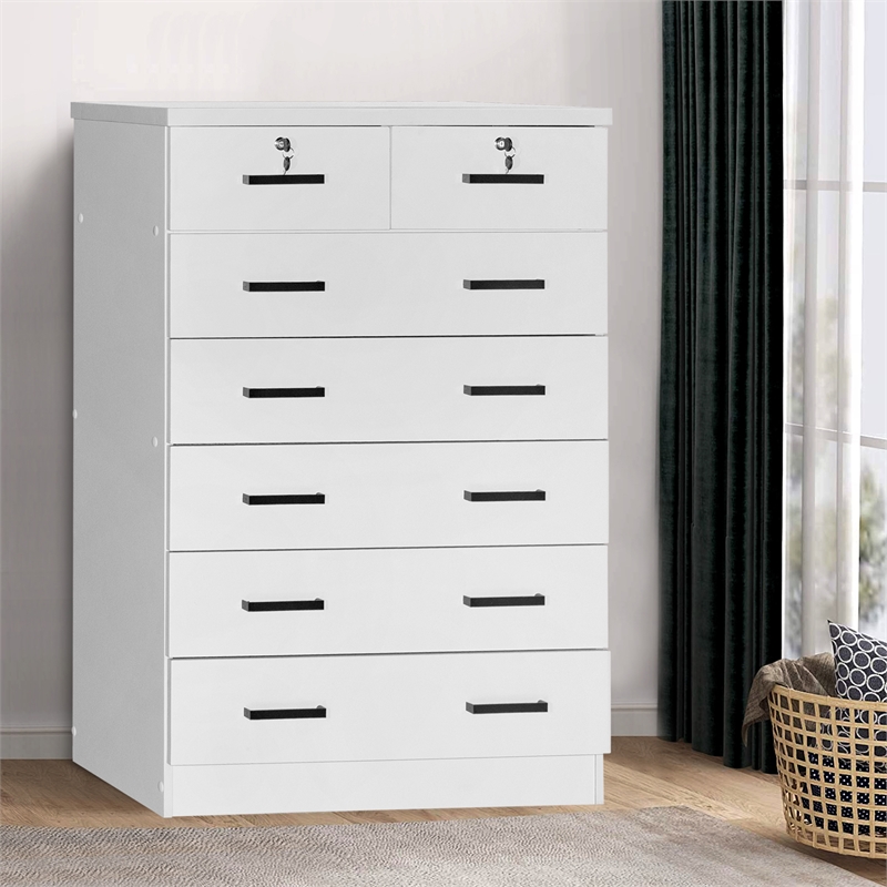 Better Home Products Cindy 7 Drawer Chest Wooden Dresser with Lock in White