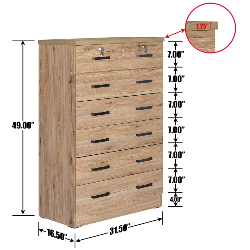 Better Home Products Cindy 7 Drawer Chest Wooden Dresser with Lock - Natural Oak