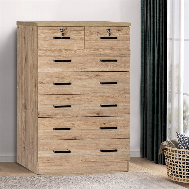 Better Home Products Cindy 7 Drawer Chest Wooden Dresser with Lock - Natural Oak