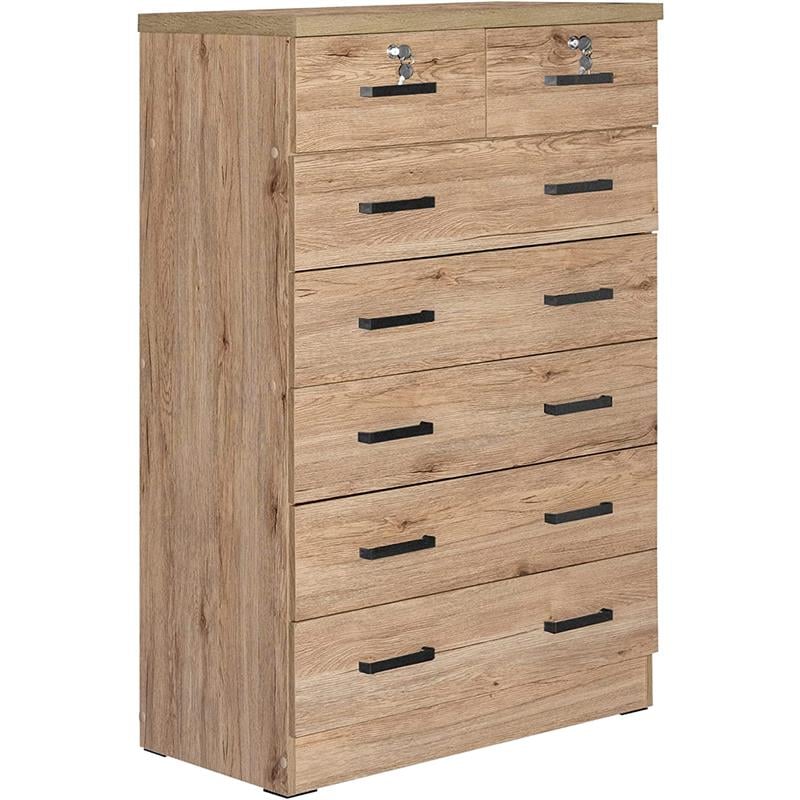 Better Home Products Cindy 7 Drawer Chest Wooden Dresser with Lock - Natural Oak