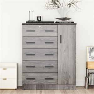Better Home Products JCF Sofie 5 Drawer Wooden Tall Chest Wardrobe in Gray