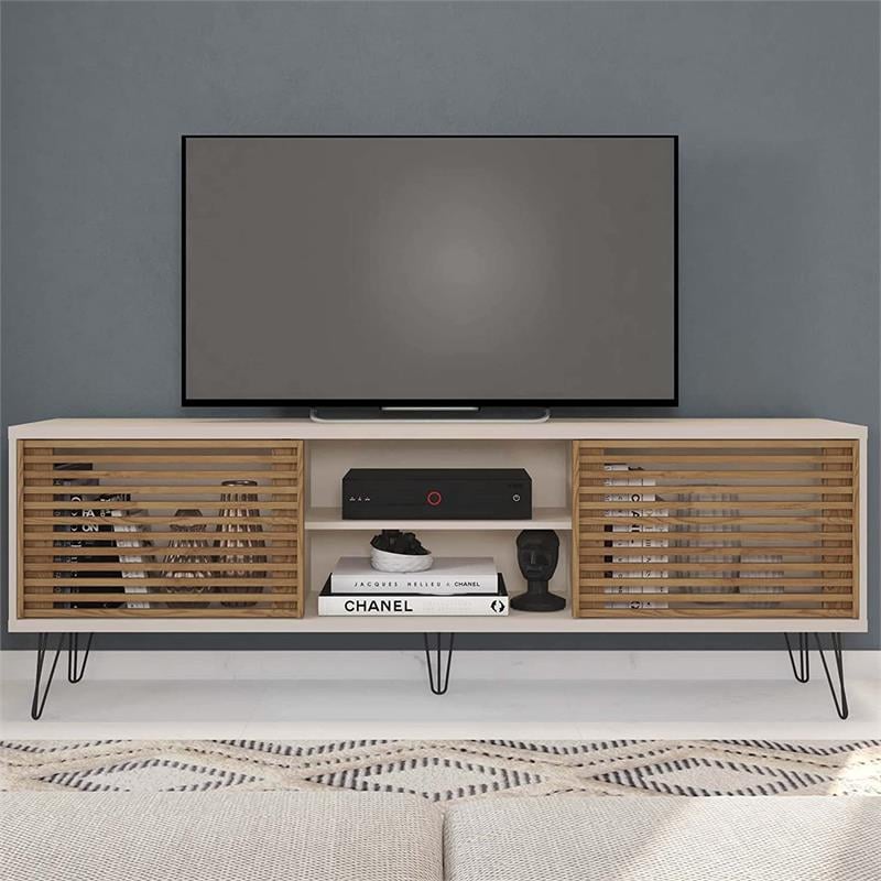 Better Home Products Frizz Mid-Century Modern TV Stand for 70 Inch TV Off White