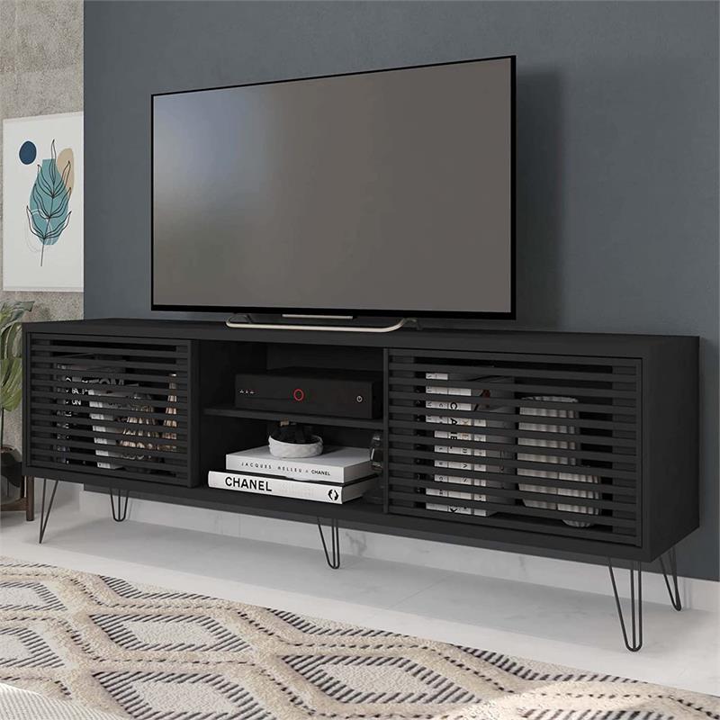 Better Home Products Frizz Mid-Century Modern TV Stand for 70 Inch TV in Black