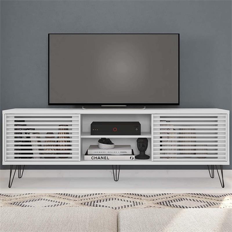 Better Home Products Frizz Mid-Century Modern TV Stand for 70 Inch TV in White