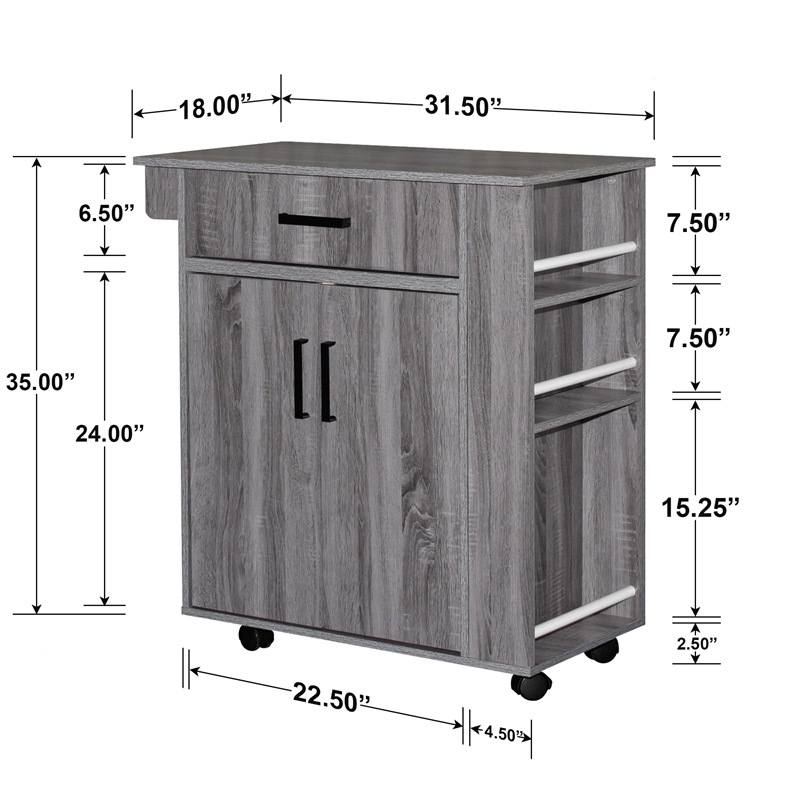 Better Home Products Shelby Rolling Kitchen Cart with Storage Cabinet - Gray
