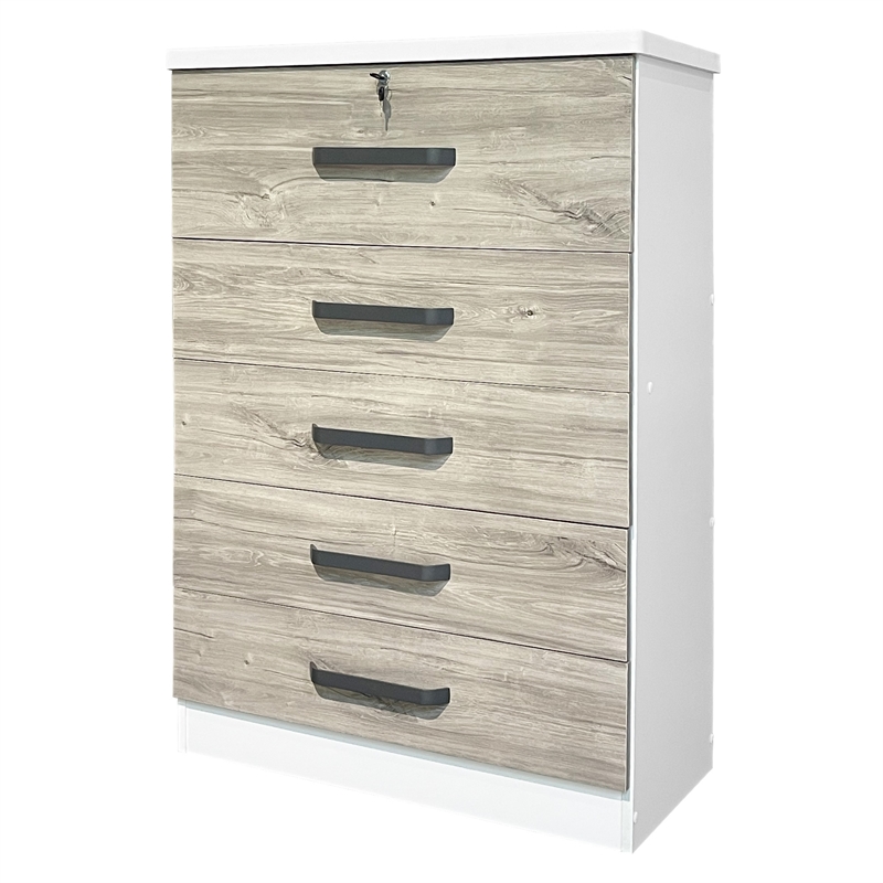 Better Home Products Xia 5 Drawer Chest of Drawers in White & Gray Oak