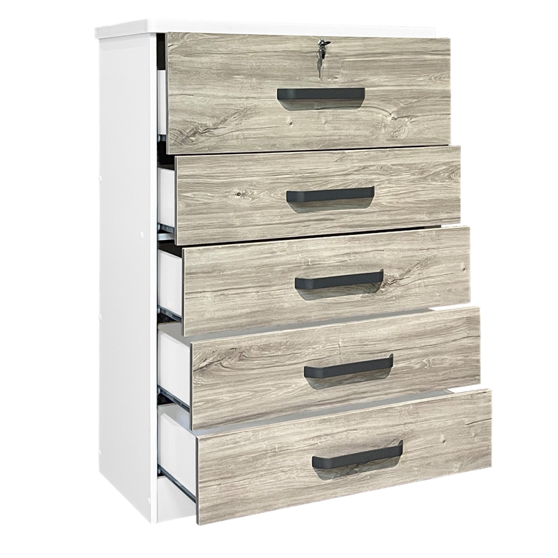 Better Home Products Xia 5 Drawer Chest of Drawers in White & Gray Oak