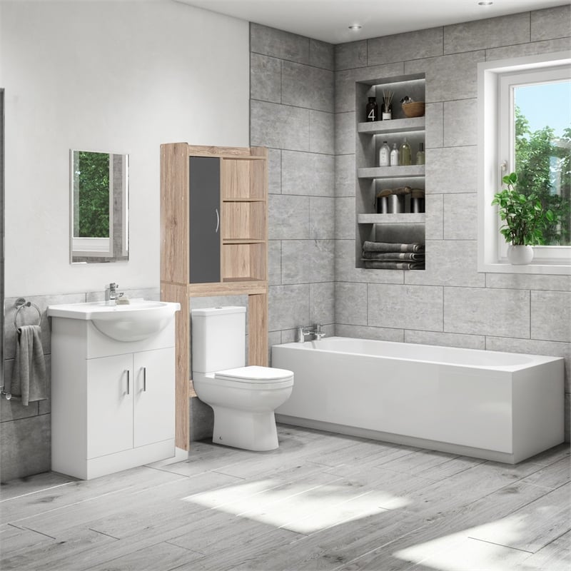 Better Home Products Ace Over the Toilet Storage Shelf in Oak & Dark Gray