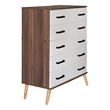 Better Home Products Eli Mid-Century Modern 5 Drawer Chest in Walnut & White