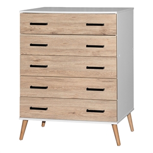 better home products eli mid-century modern 5 drawer chest in white & oak