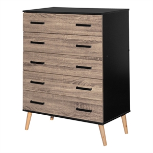 better home products eli mid-century modern 5 drawer chest in black & sonoma oak
